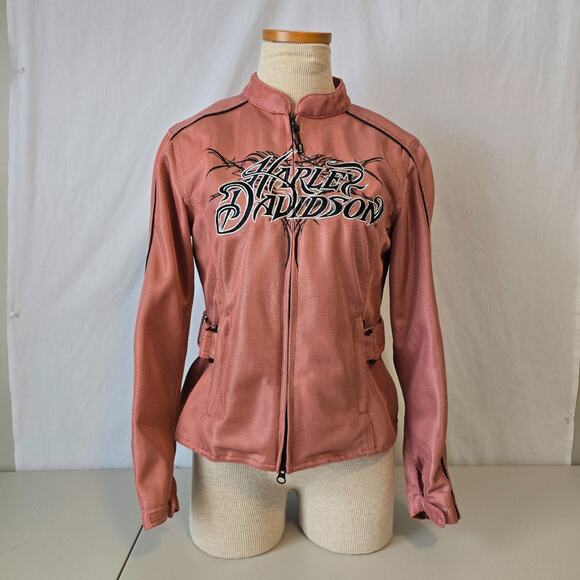 Harley Davidson Mesh Motorcycle Bomber Jacket Women's XS Pink Mesh Logo EUC - Picture 1 of 16